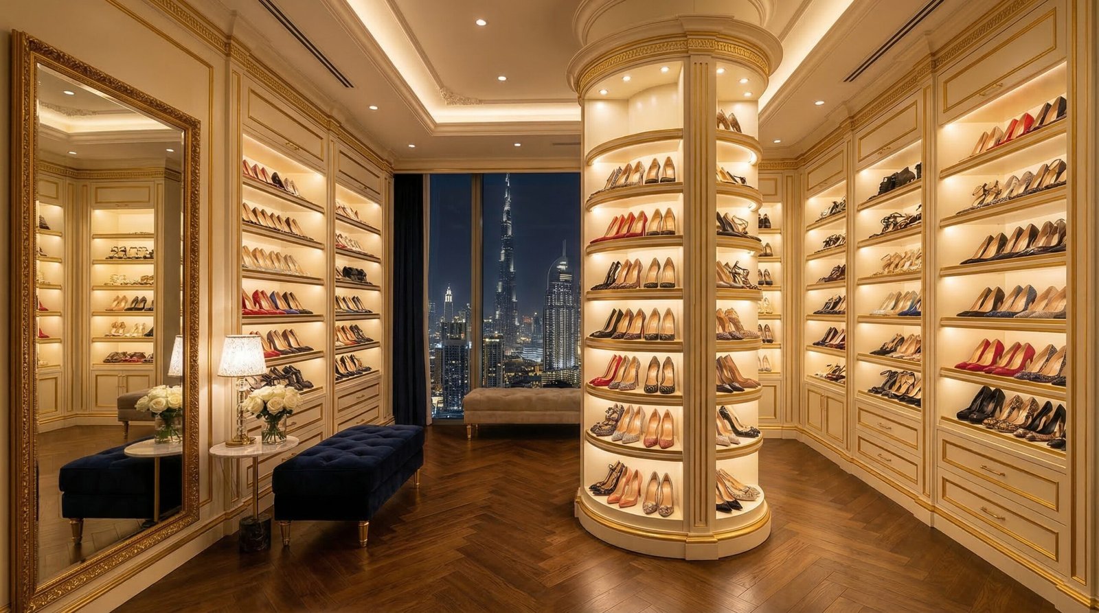 Ultra-luxury fitted penthouse shoe room with ivory lacquer shelving, gold trim and central carousel in Downtown Dubai
