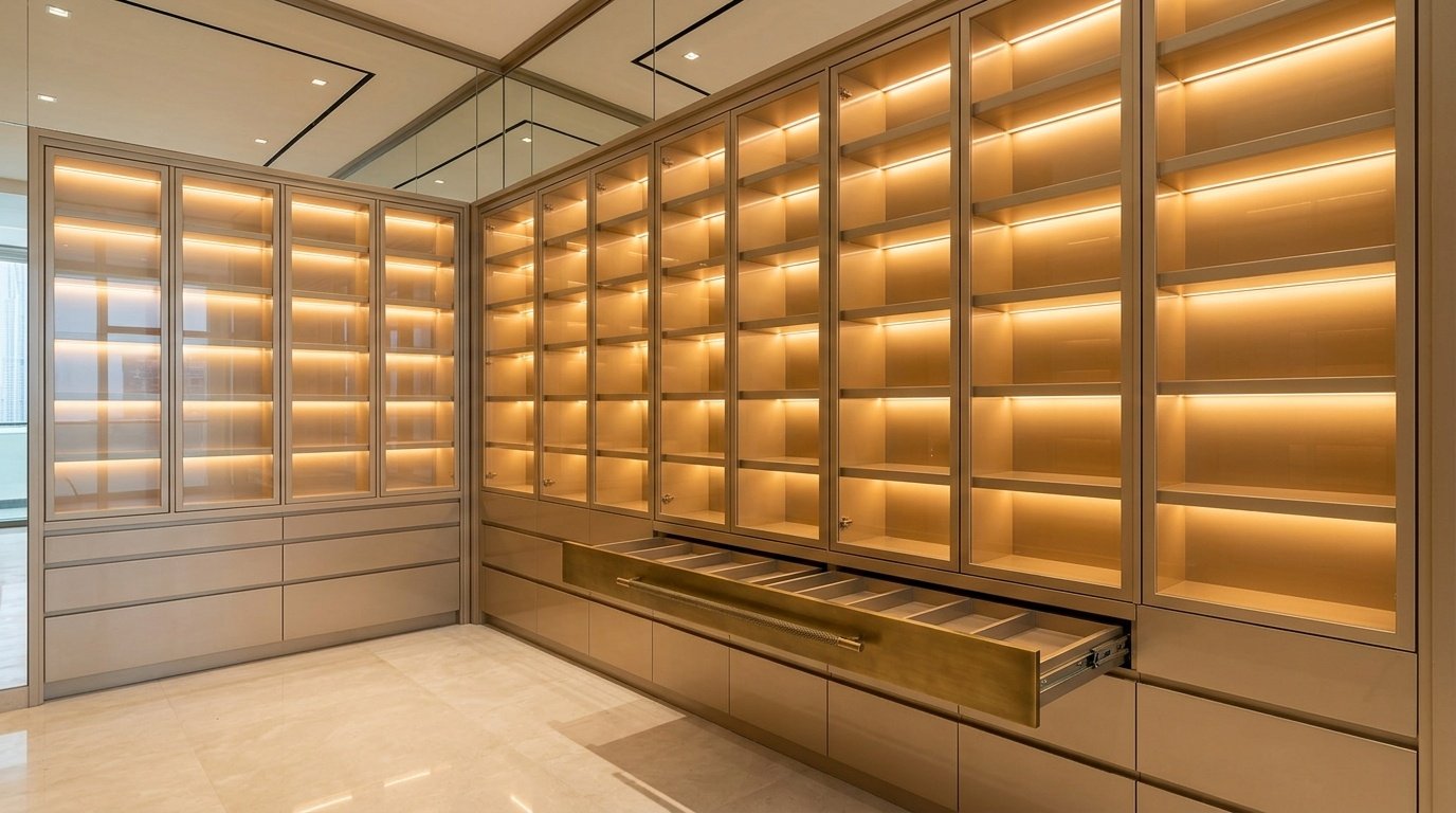 Bespoke backlit glass-fronted display niches with brass testing drawer in a Dubai luxury perfumery boutique by Karnak Carpentry