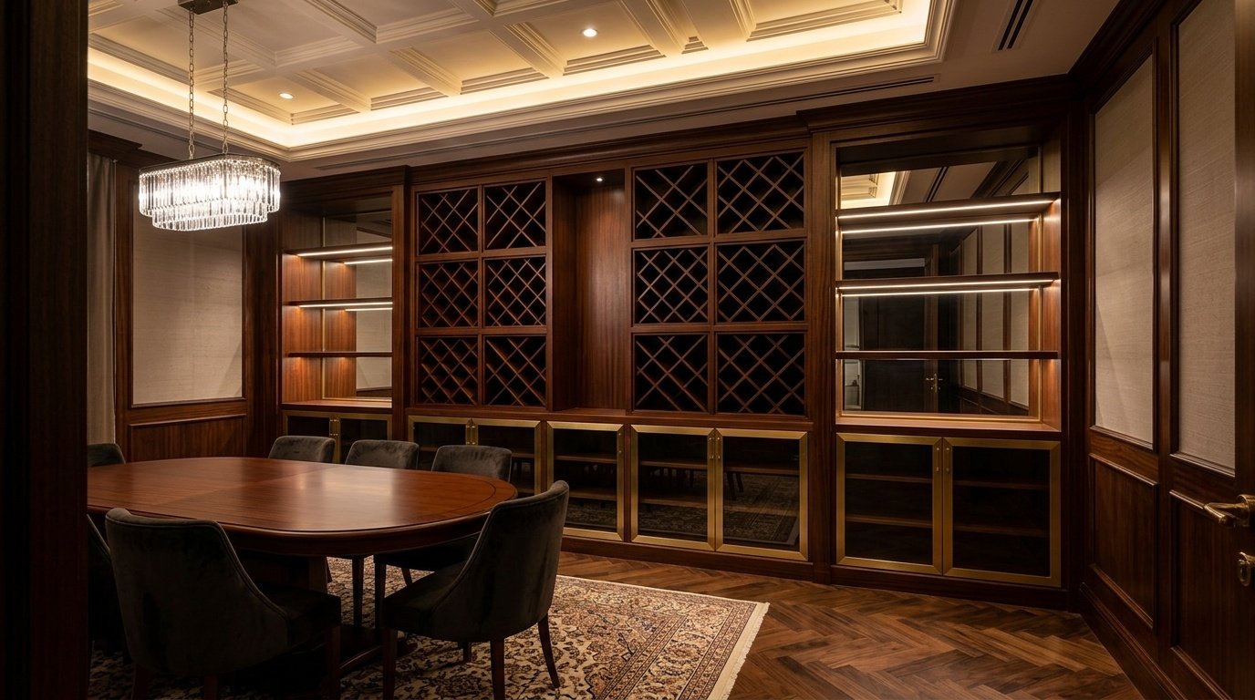 Custom mahogany wine display cabinet with diamond-pattern slots and brass glass doors in a Dubai luxury hotel by Karnak Carpentry