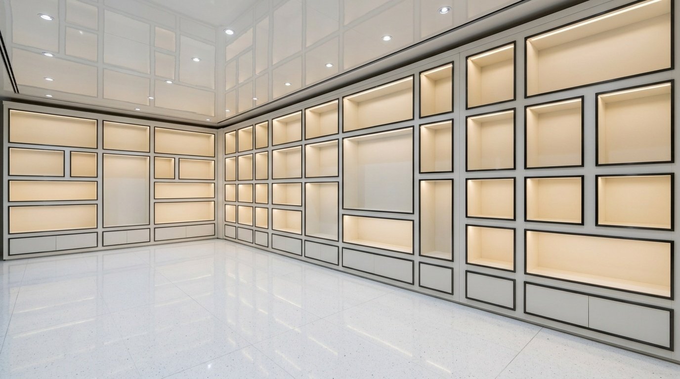 Custom-built matte white display niche shelving system with integrated LED lighting in a Dubai luxury retail showroom by Karnak Carpentry