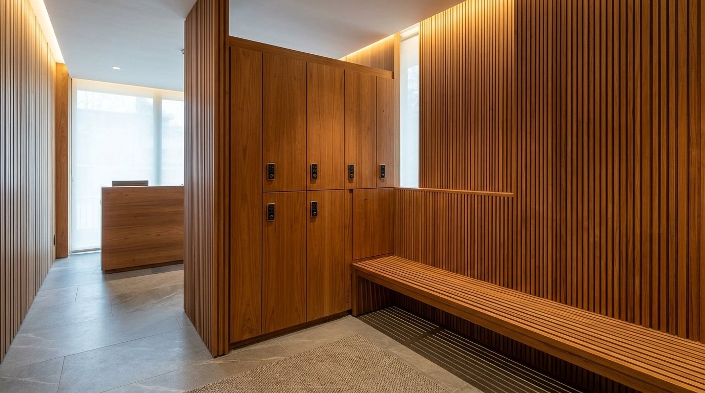 Moisture-resistant teak wood lockers and wall cladding in a luxury Dubai spa by Karnak Carpentry.
