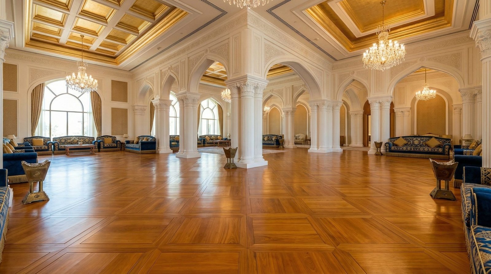 Grand installation of high-gloss Versailles pattern parquet in a luxury Abu Dhabi foyer.
