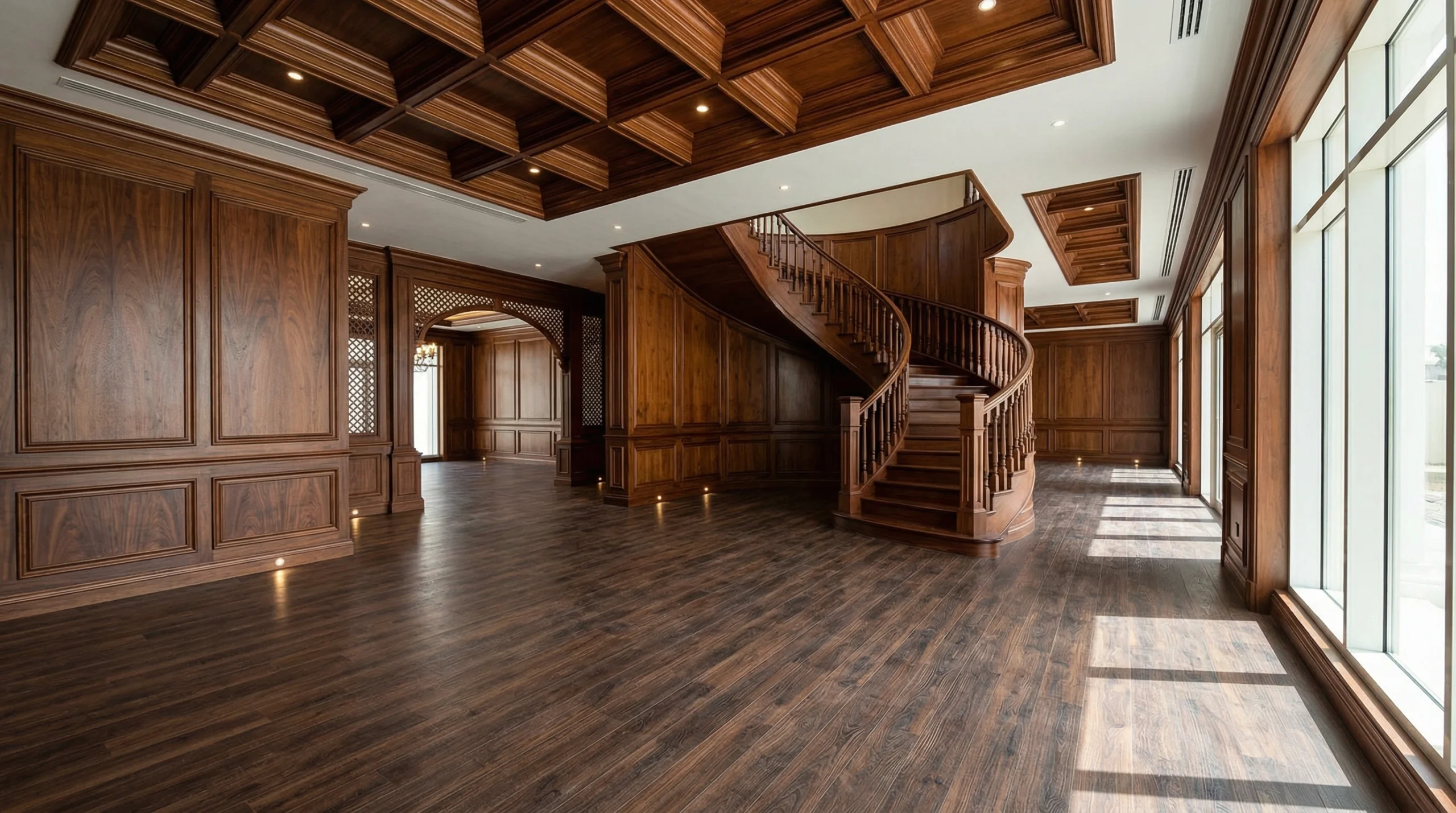 Grand dark walnut premium laminate flooring integrated with master mahogany joinery in a luxury Abu Dhabi villa.