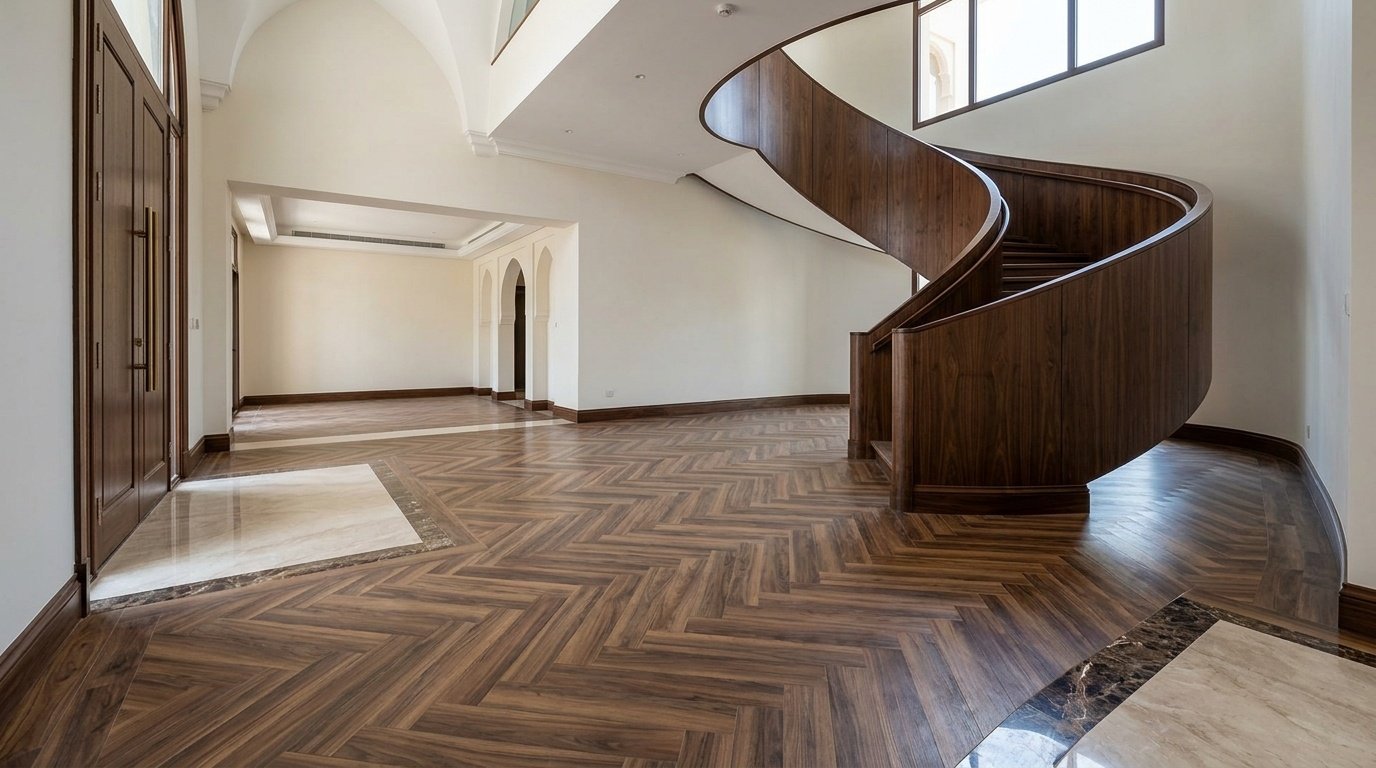 Luxury LVT herringbone wood patterns integrated with dark walnut joinery in a Jumeirah villa hallway.
