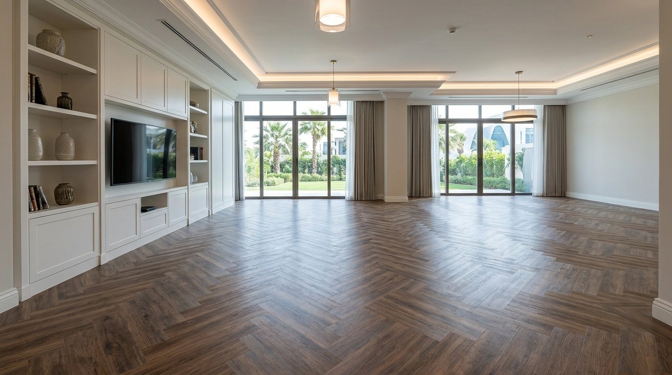 Premium aged walnut luxury vinyl herringbone flooring in a sophisticated Jumeirah living room by Karnak Carpentry.