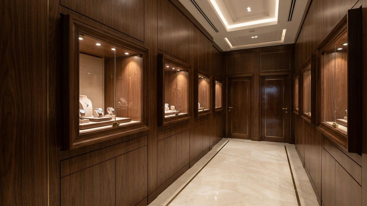 Luxury watch boutique near Deira Gold Souk featuring rich walnut veneer wall paneling and secure display cavities.