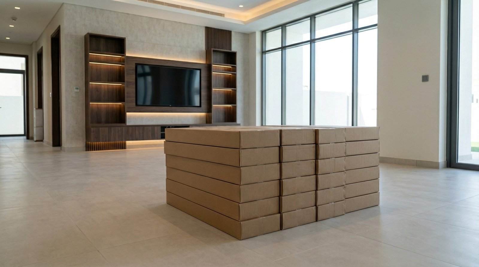 LVT flooring boxes acclimatizing in a temperature-controlled Dubai villa before installation.