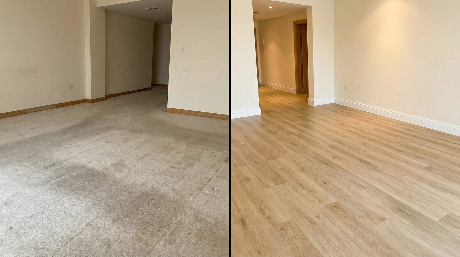 Before and after renovation showing LVT flooring installation in The Springs, Dubai.