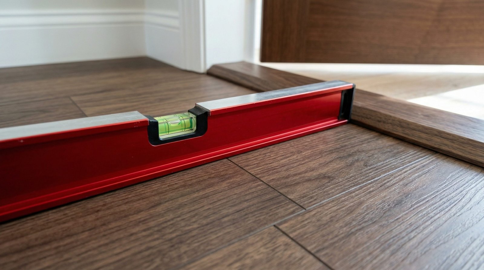 Quality inspection of finished LVT flooring with perfect leveling and custom thresholds.