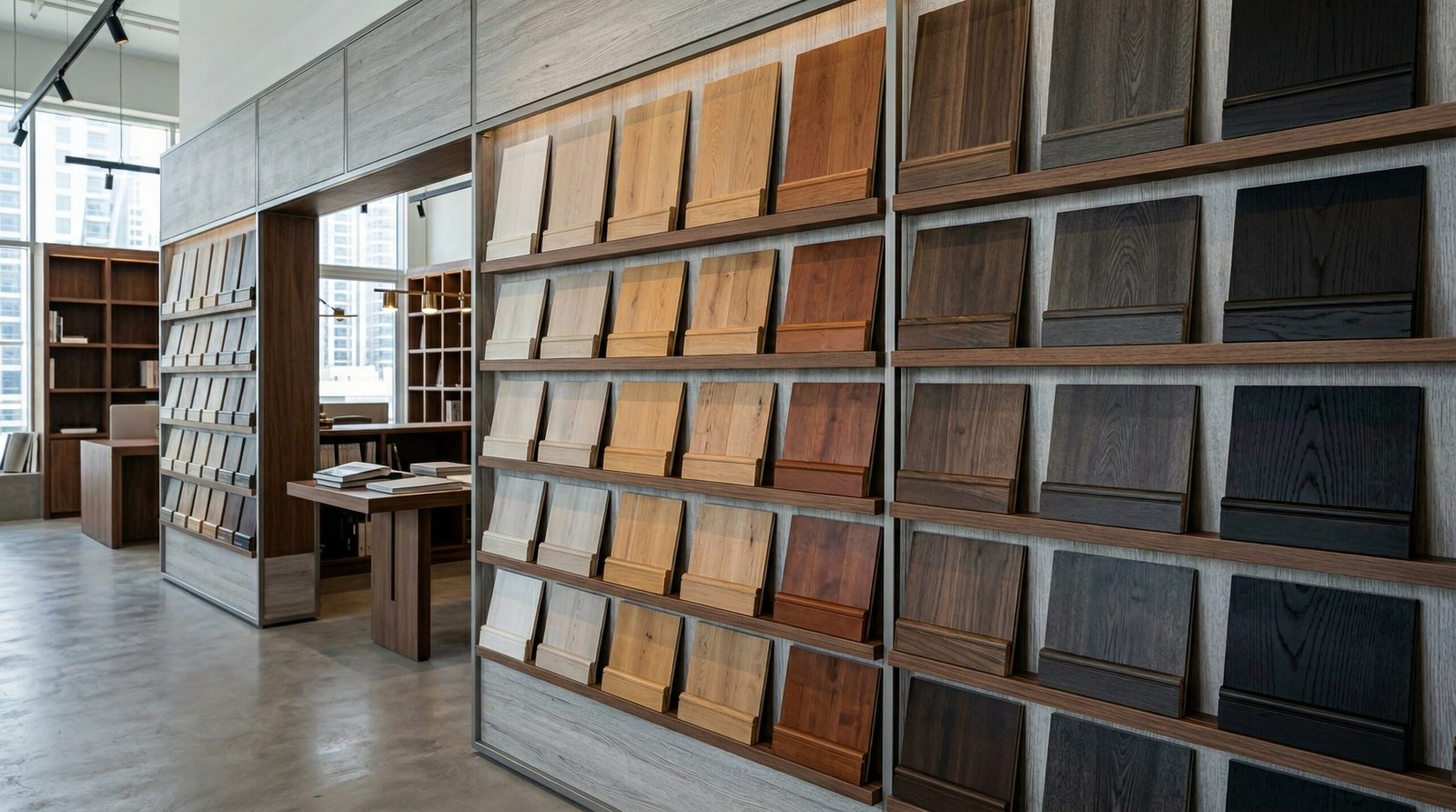 Extensive library of LVT flooring and matching wood trim samples in Dubai.
