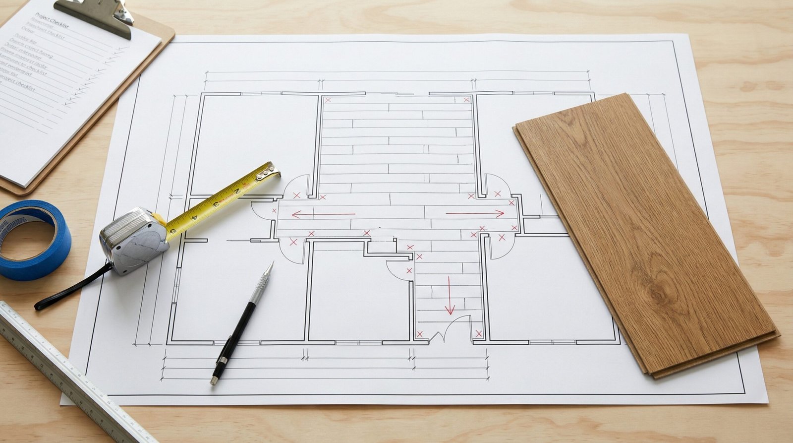 Technical layout planning and LVT flooring samples for a professional fit-out project.