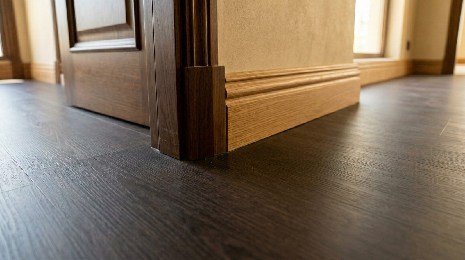Precision expansion gap and custom oak skirting for LVT flooring in a Dubai residence.