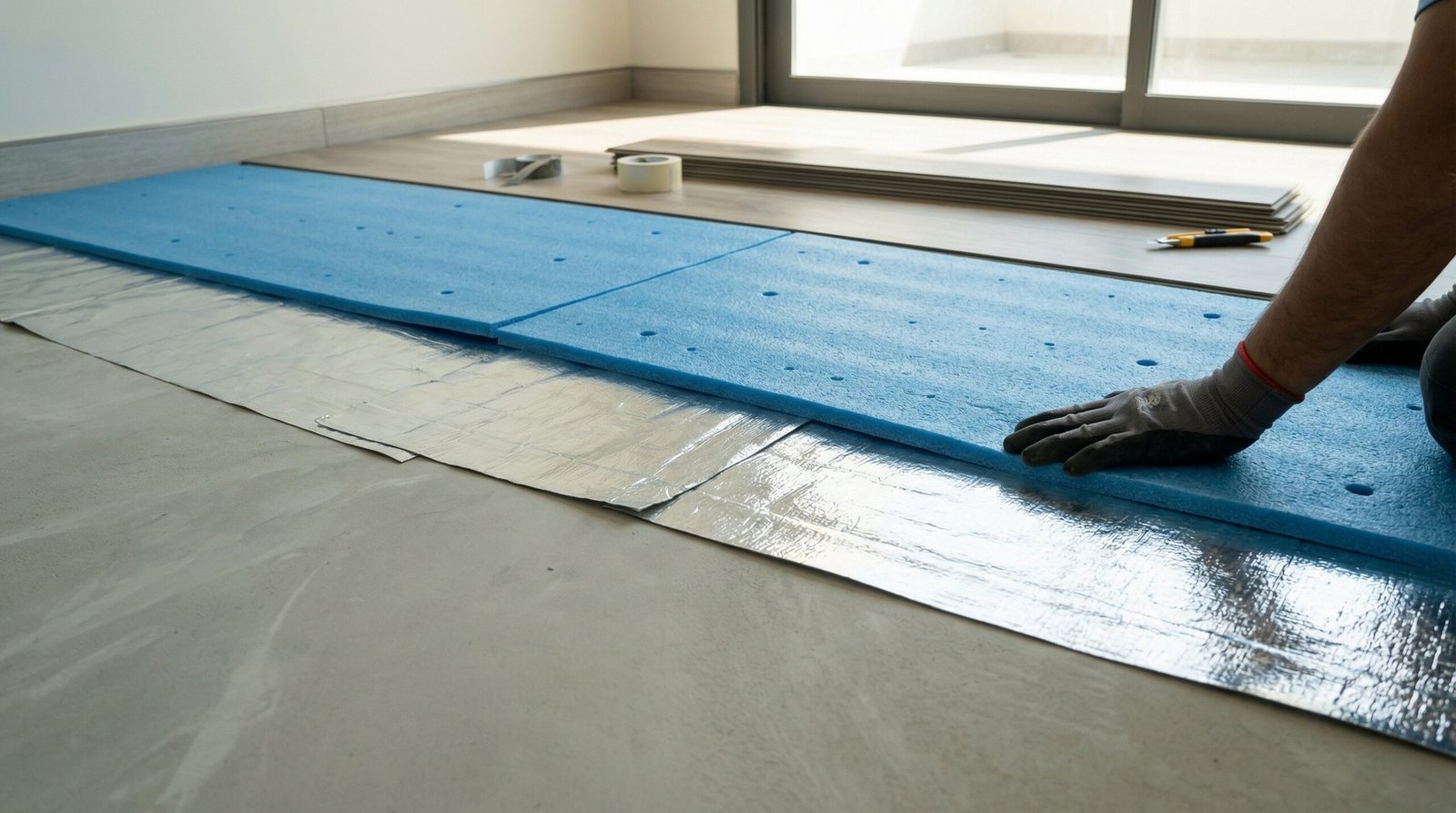Installation of moisture barrier and acoustic underlayment for LVT flooring in Dubai Hills.