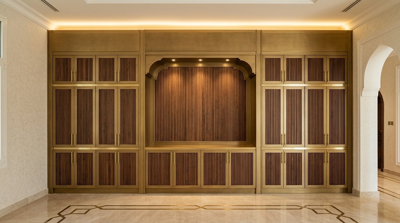 Custom built-in majlis display and storage wall joinery in brass lacquer with fluted panels in Al Ain UAE villa