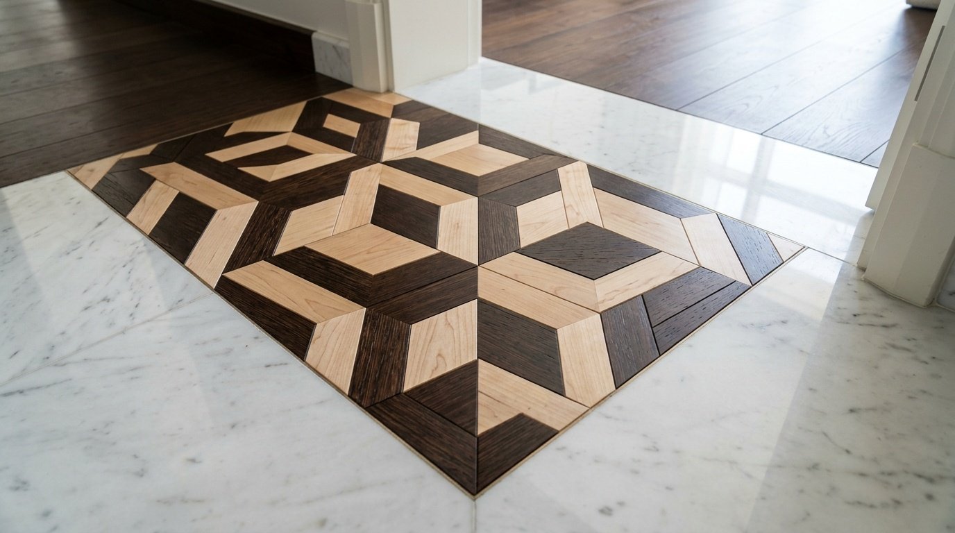 Custom geometric wood inlay transition between marble and wood floors in Dubai Hills.