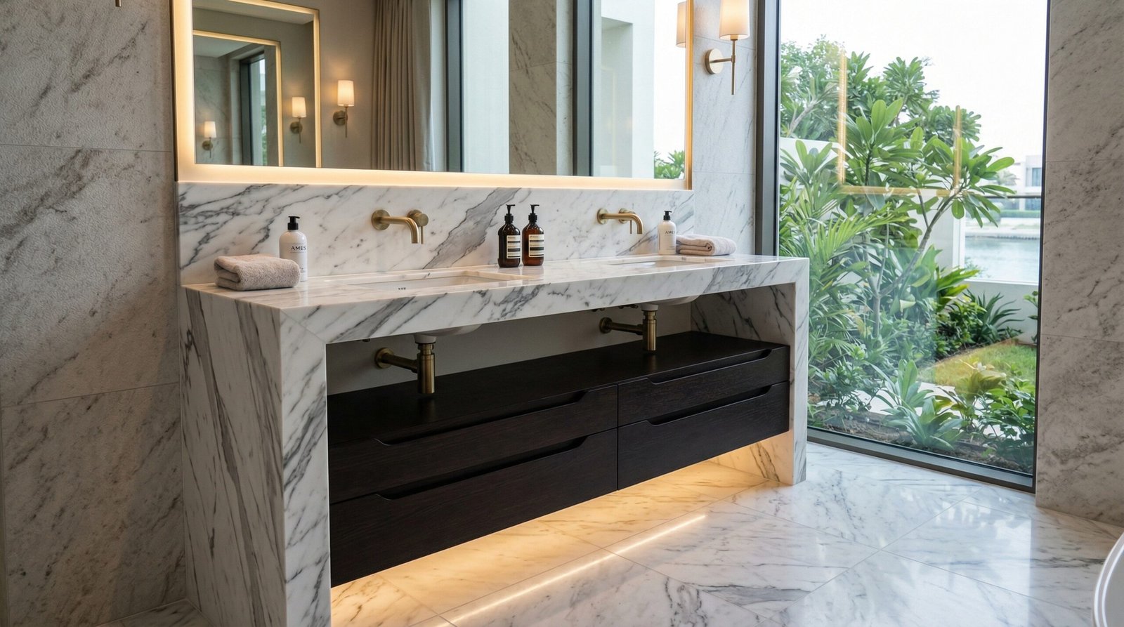 Luxury marble waterfall edge bathroom vanity with dark wood cabinets, custom Karnak Carpentry in Jumeirah Islands.