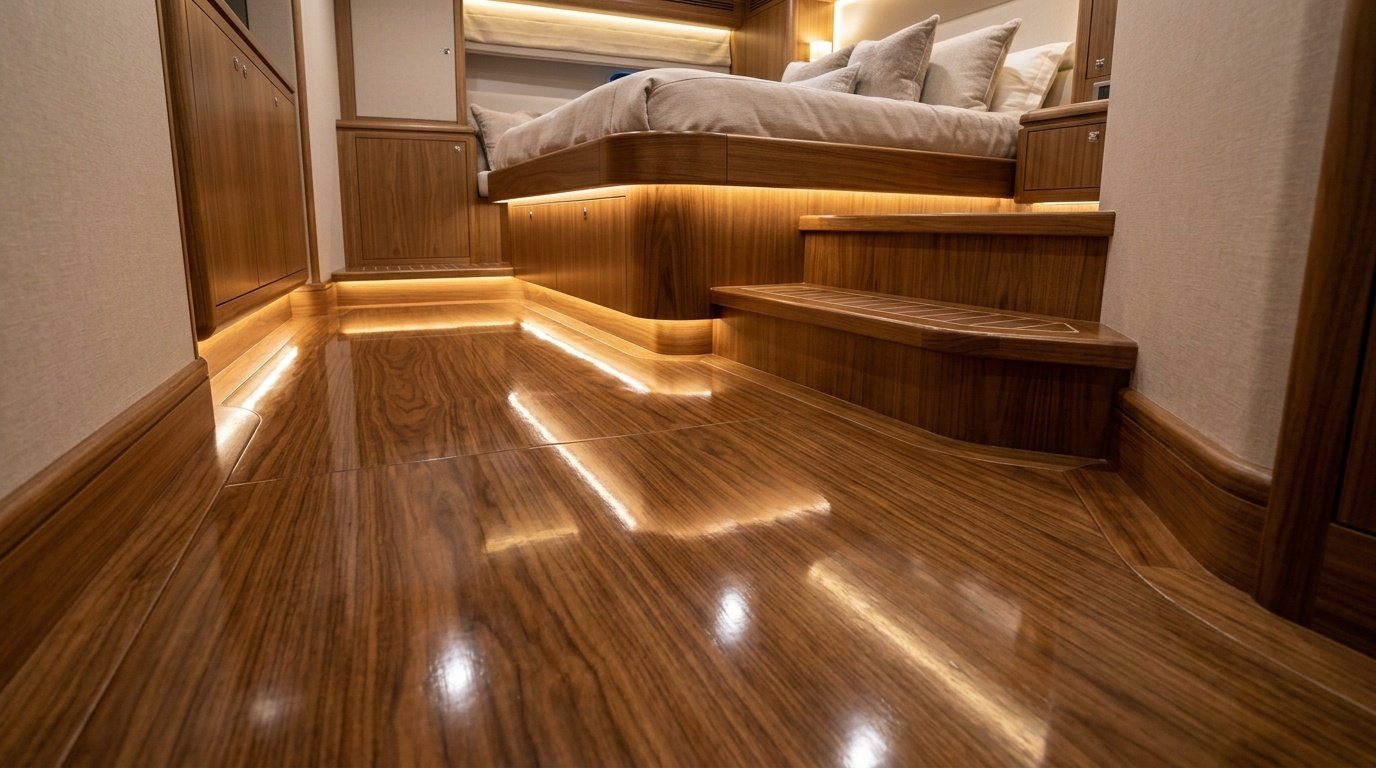 Polished marine plywood flooring and baseboards in a luxury yacht cabin.