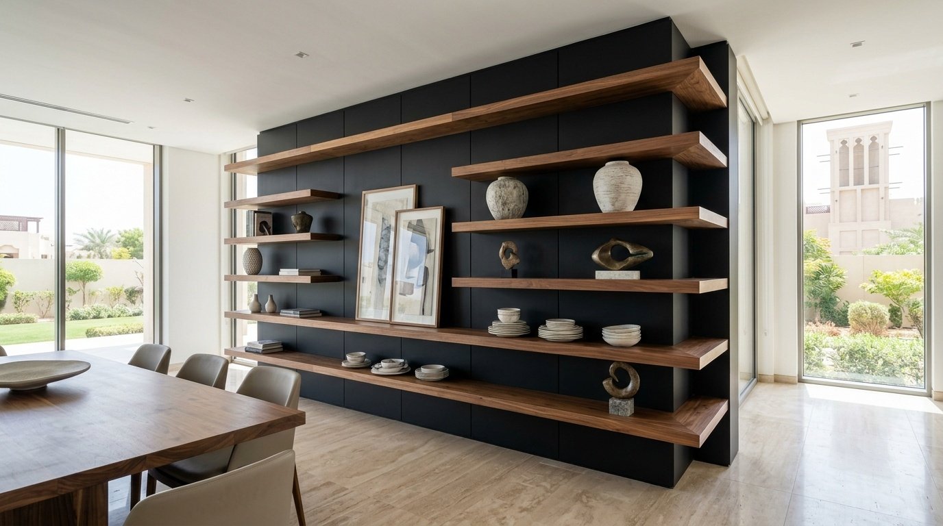 Massive Contemporary Walnut Display Wall Custom Built In A Sharjah Villa.