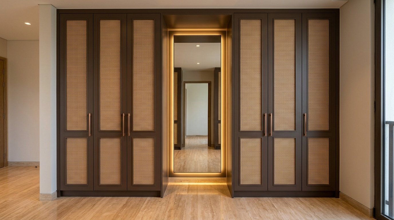Built-in master bedroom wardrobe in mocha lacquer with cane rattan panel inserts in Tilal Al Ghaf Dubai villa