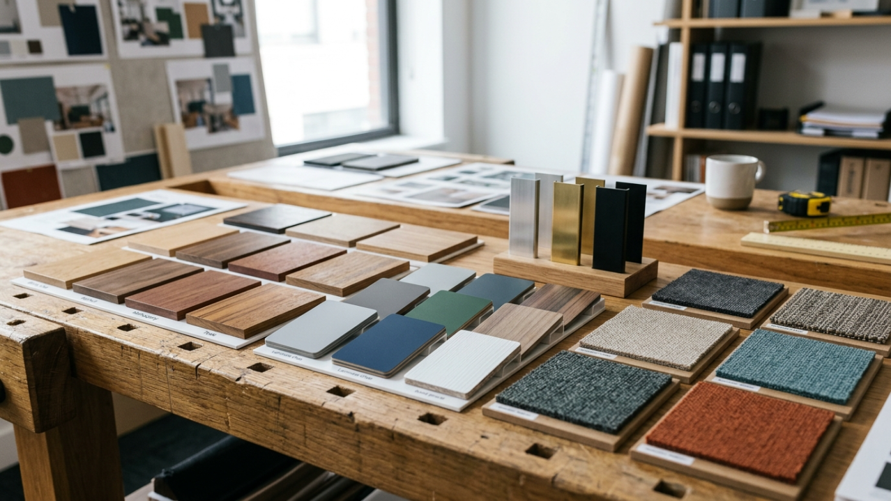 Curated wood veneers, laminates, and acoustic fabric samples arranged for client selection in a showroom.