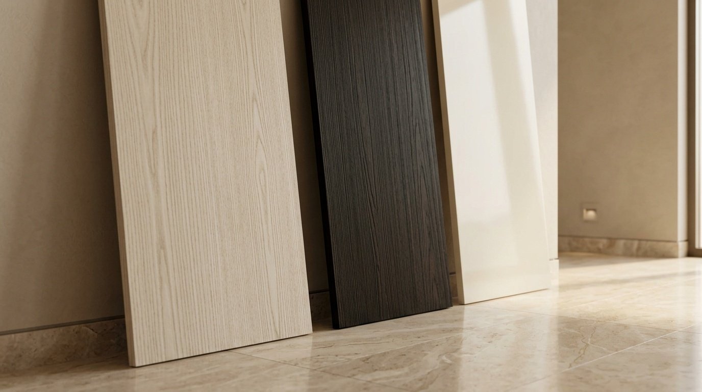 Full-size wood veneer sample boards in bleached ash, wenge, and ivory lacquer tested against a UAE home wall during Karnak's design development process