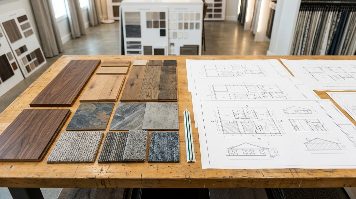 Curated wood, LVT, and carpet tile samples arranged next to technical drawings for material approval by Karnak.