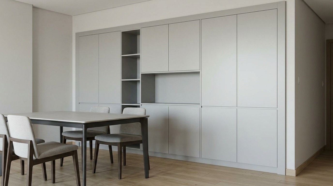 Matte Light Grey Custom Built In Cabinet In A Dubai Silicon Oasis Apartment.