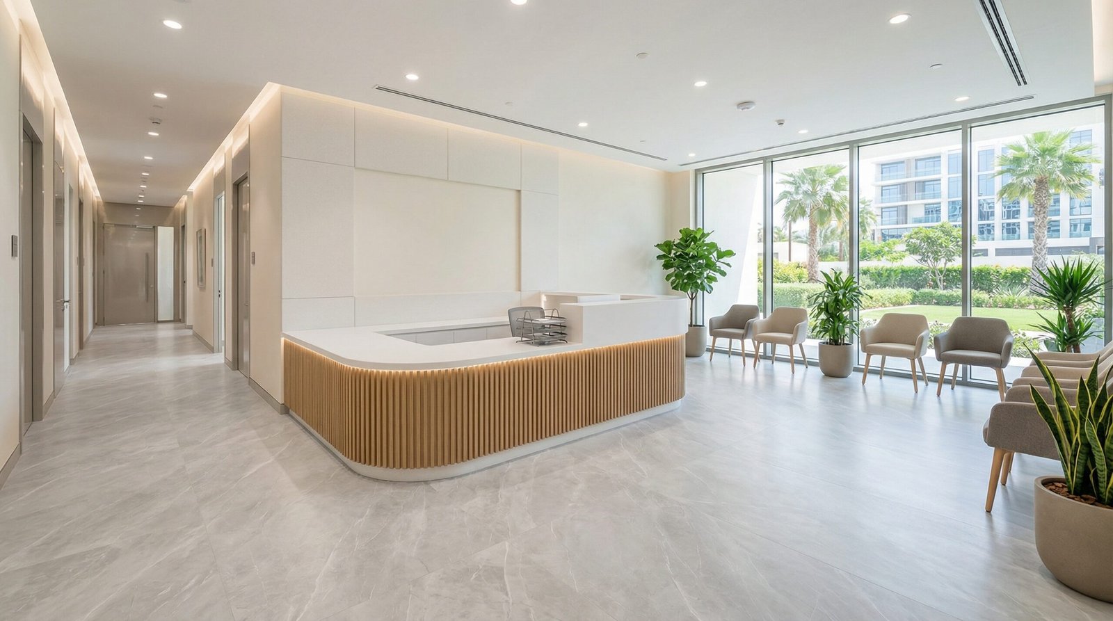 Easy-to-sanitize marble-effect LVT flooring in a Jumeirah medical clinic.