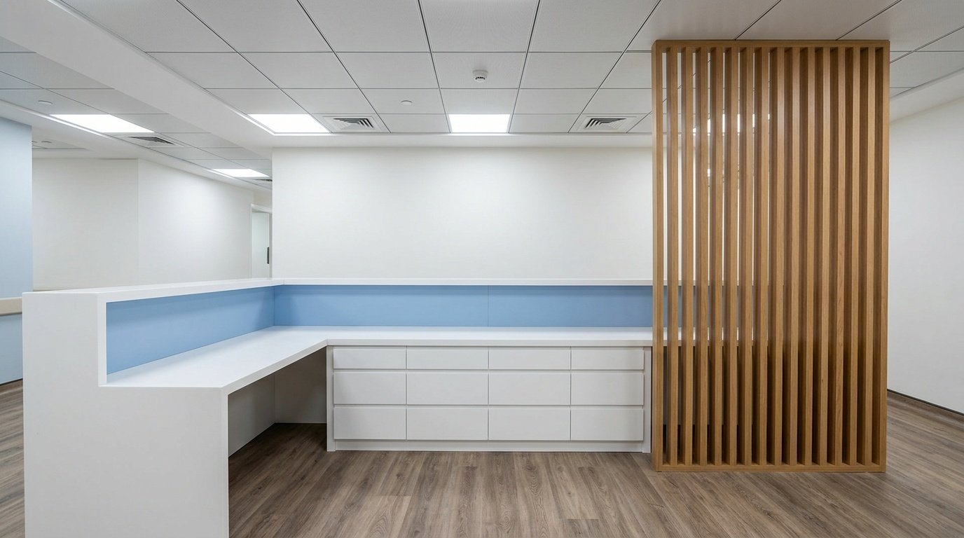 Custom L-shaped white solid surface reception counter with privacy screen in a Dubai medical clinic by Karnak Carpentry