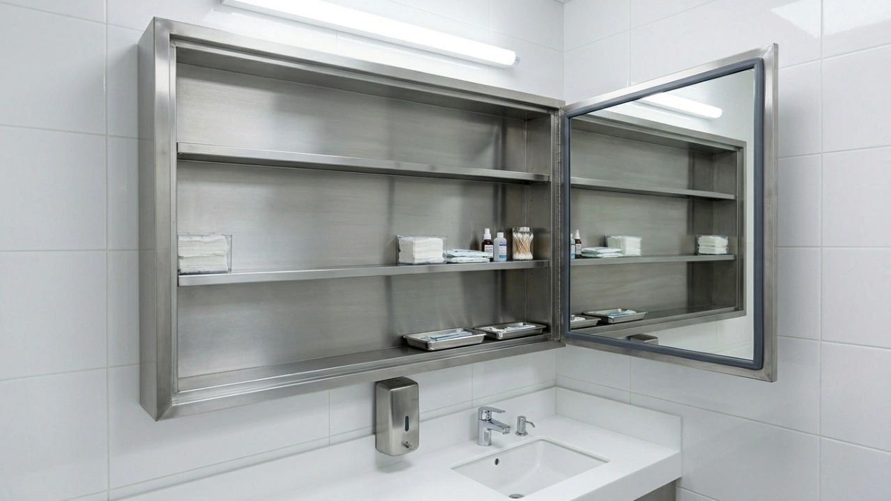 Clinical-grade stainless steel frame mirror cabinet with rubber gasket seal and steel interior shelves in Sharjah medical clinic washroom