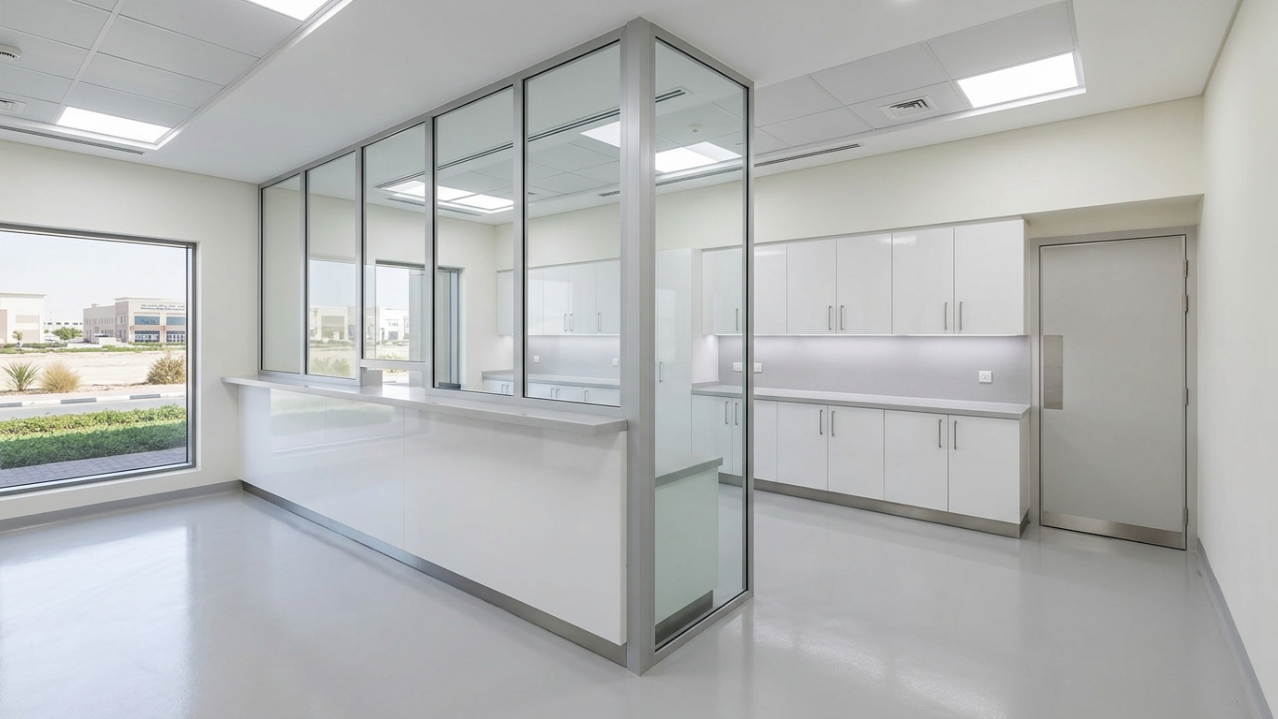 Hygienic white high-gloss cabinetry and medical-grade reception counter in a Sharjah facility.