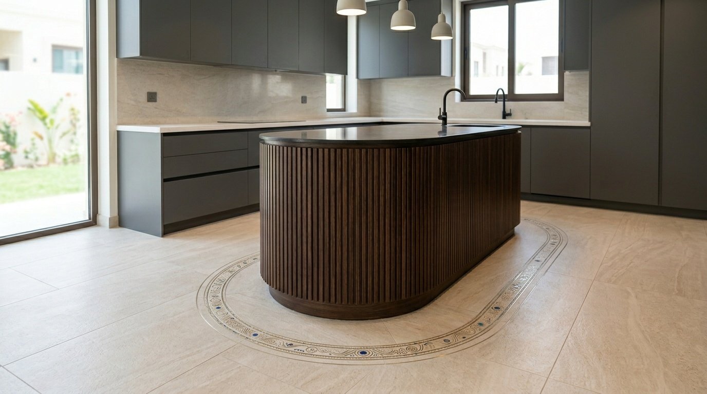Waterproof limestone effect vinyl tiles in a modern Meydan kitchen.