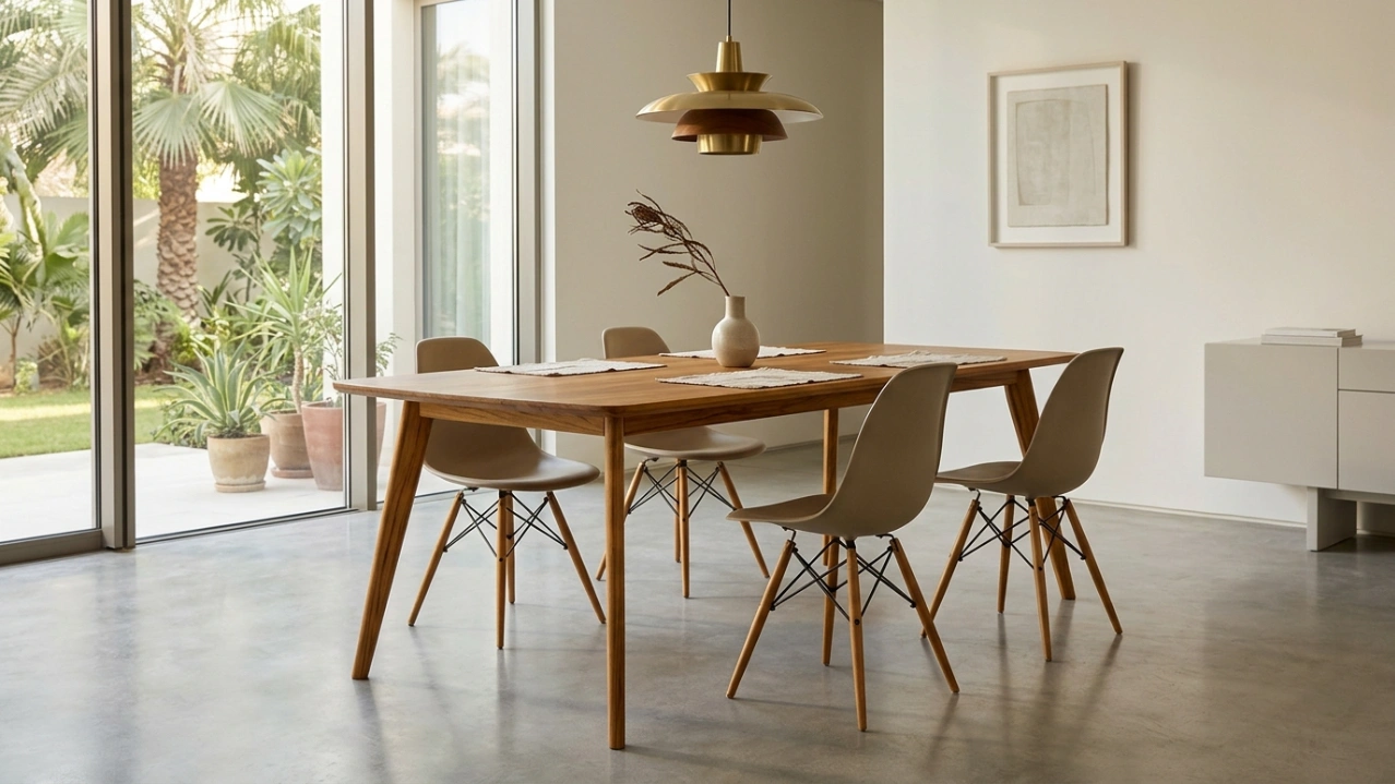 Handcrafted mid-century modern style teak dining table, bespoke Karnak project in Jumeirah 1.