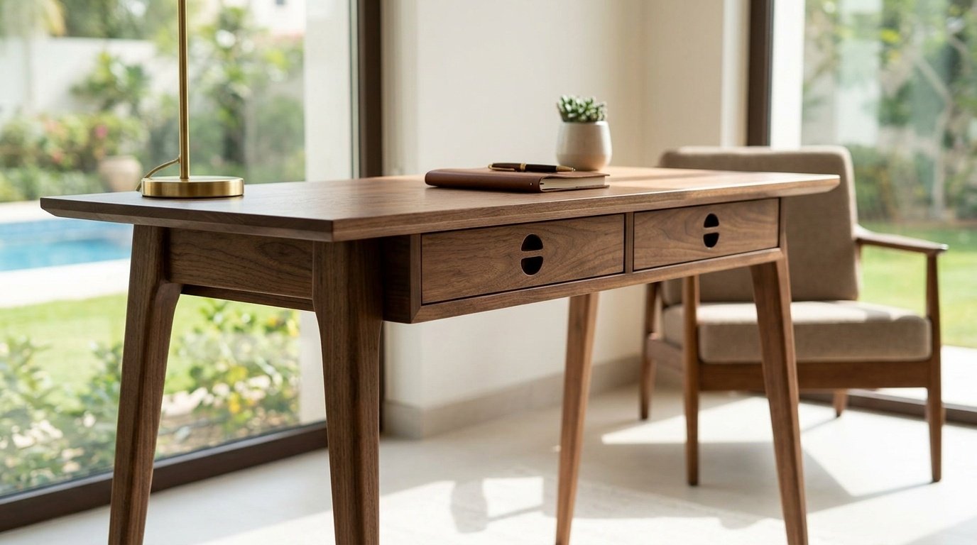 Mid-century modern style walnut desk with tapered legs, custom handcrafted by Karnak in Jumeirah