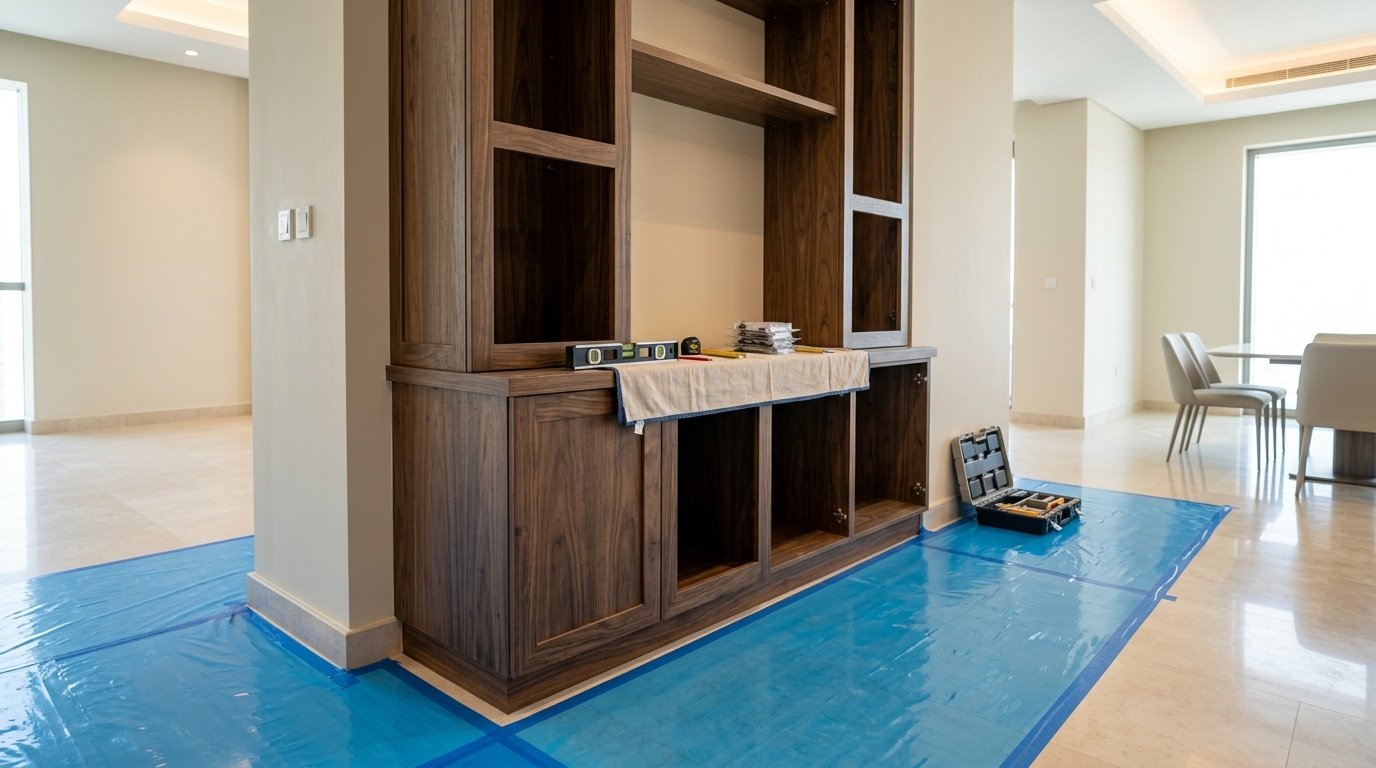 Custom Wood Dining Cabinet Mid Installation With Neatly Protected Floors.