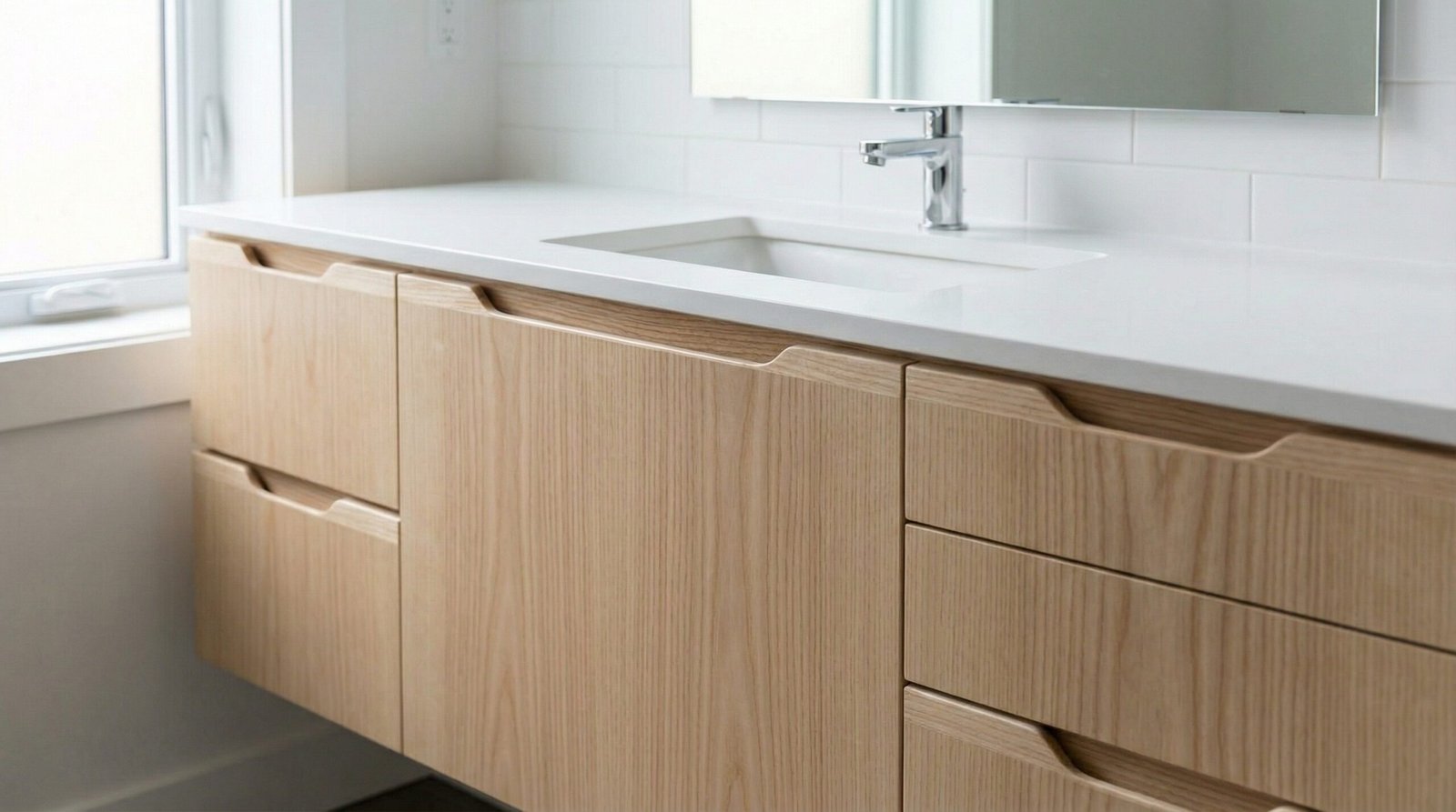Minimalist light ash wood bathroom vanity with continuous grain matching, custom Karnak Carpentry in JVC.