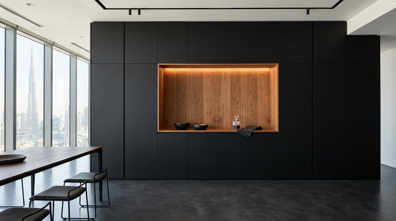 Minimalist Flush Black Built In Dining Cabinet In A Downtown Dubai Penthouse.