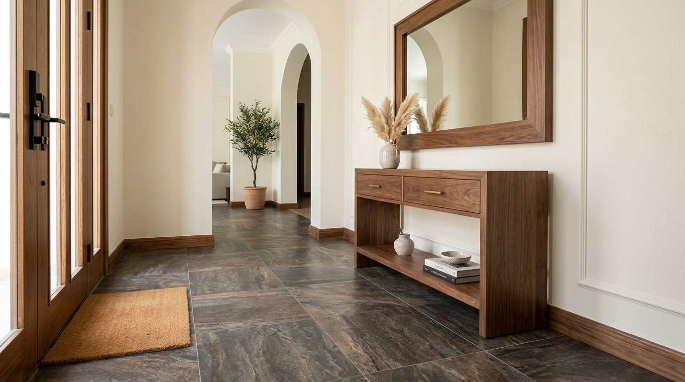 Dark travertine effect vinyl tile flooring in a foyer.