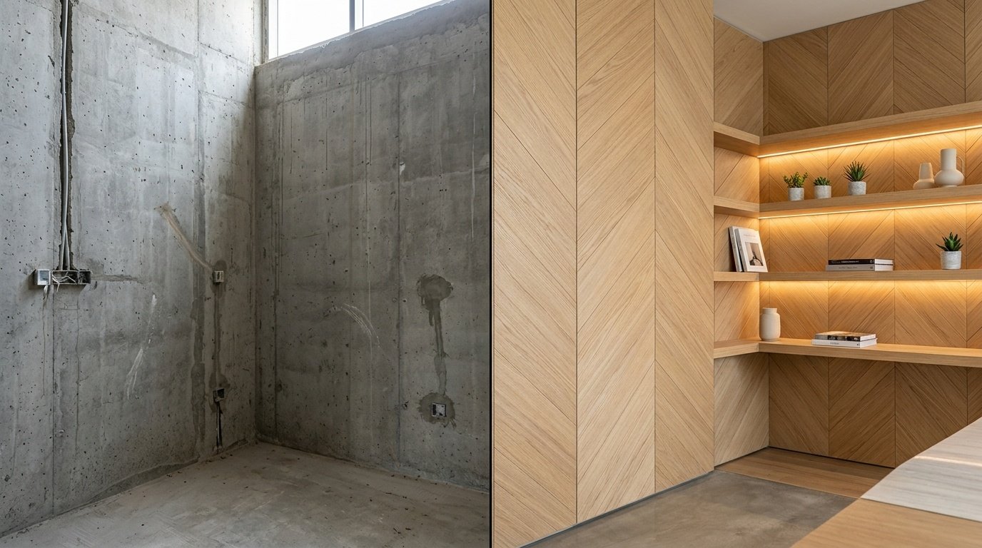 Before and after of oak wood wall cladding installation in a Mirdif restaurant.