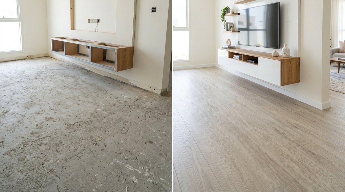 Before and after LVT flooring installation in a Mirdif Dubai residence.