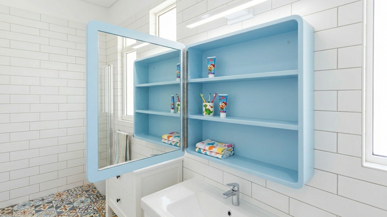 Pastel sky-blue mirror cabinet with rounded corners and wide-opening door in Arabian Ranches UAE villa children's bathroom