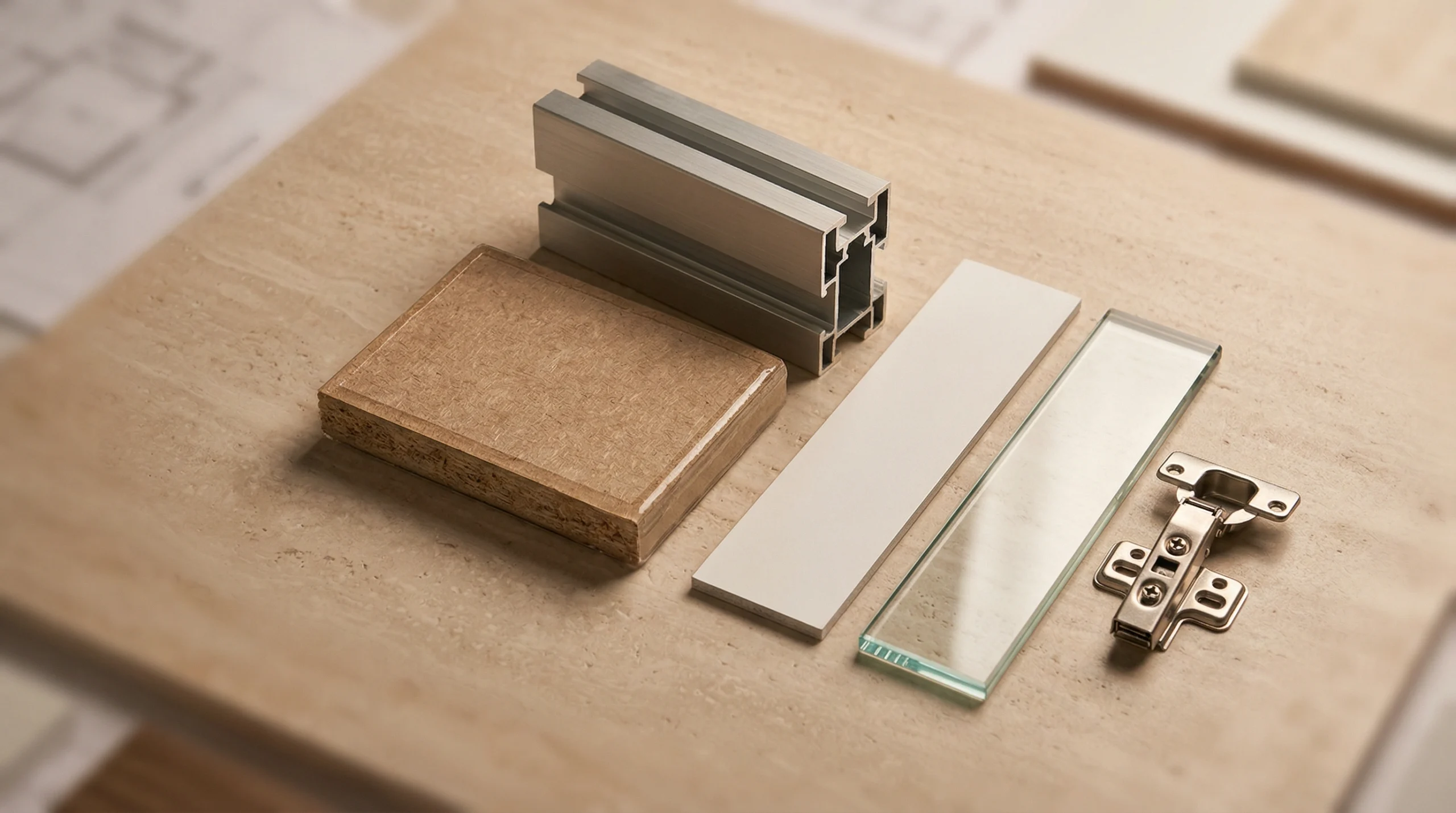 : Mirror cabinet climate-engineered material specimens including moisture-resistant MDF, aluminium extrusion, PVC foil, and glass shelf in UAE studio