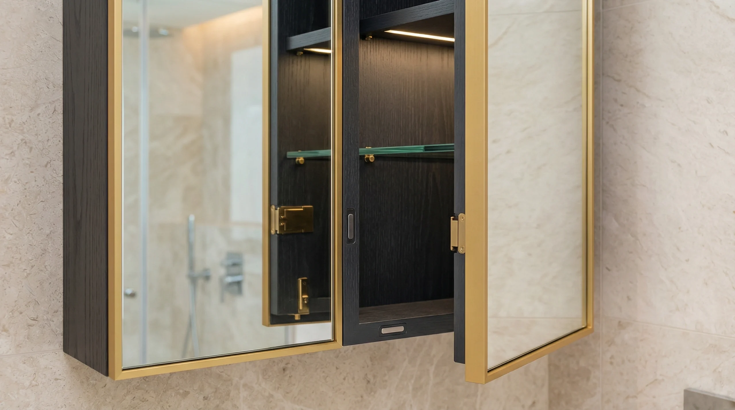 Concealed hinge side-adjustment on open mirror cabinet door with screwdriver engaged showing installation precision in UAE bathroom
