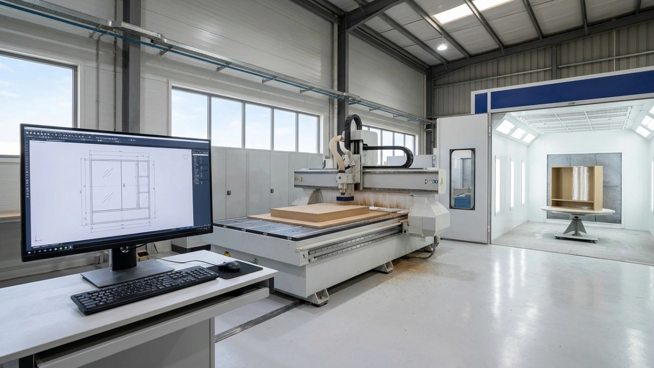 UAE in-house mirror cabinet facility showing CAD design, CNC routing, and spray finishing areas in one manufacturing space
