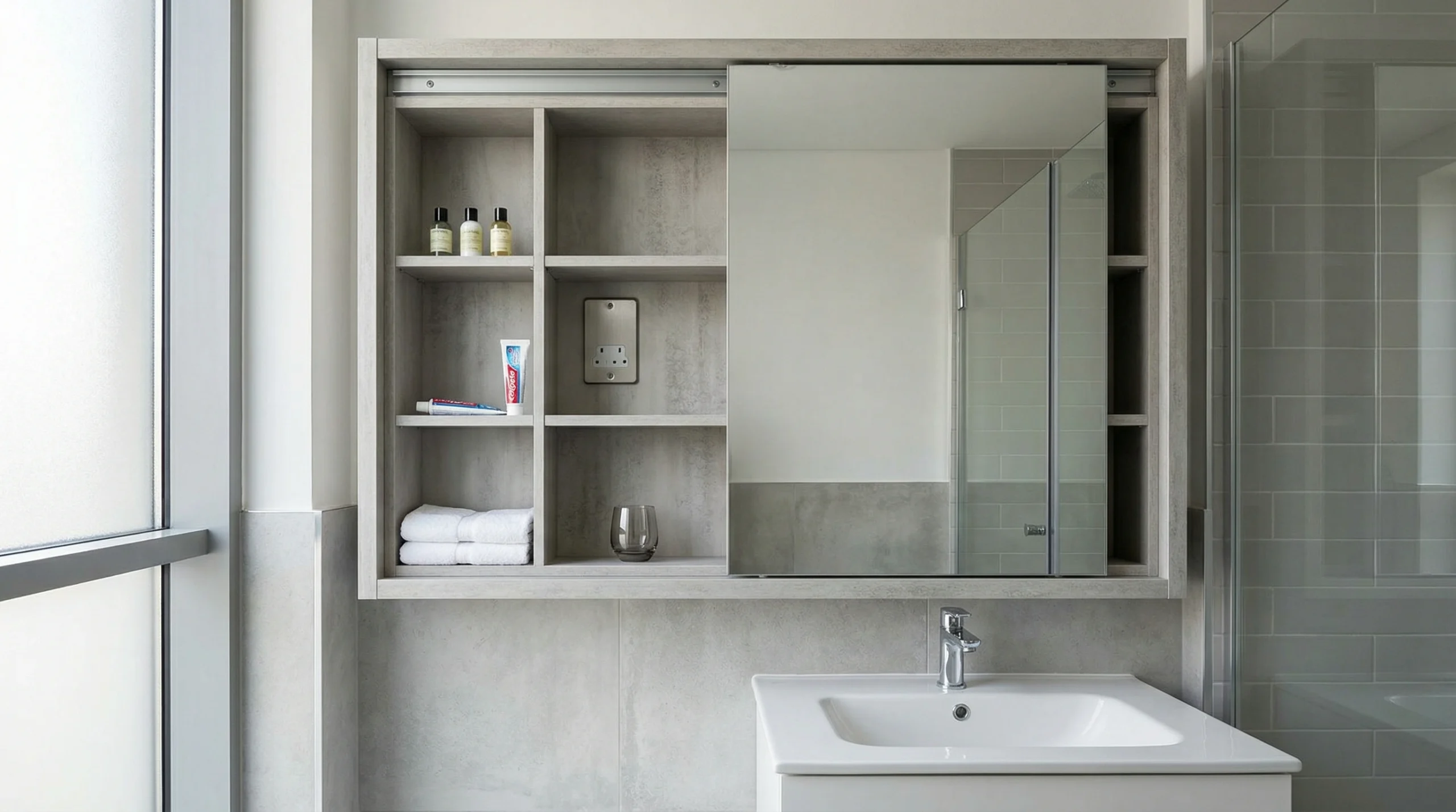 Brushed chrome shaver socket integrated into mirror cabinet interior side panel with neat conduit routing in UAE bathroom