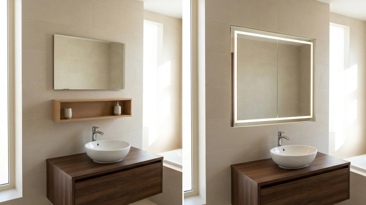Before and after retrofit mirror cabinet installation in Jumeirah UAE villa bathroom showing plain mirror replaced with recessed LED cabinet