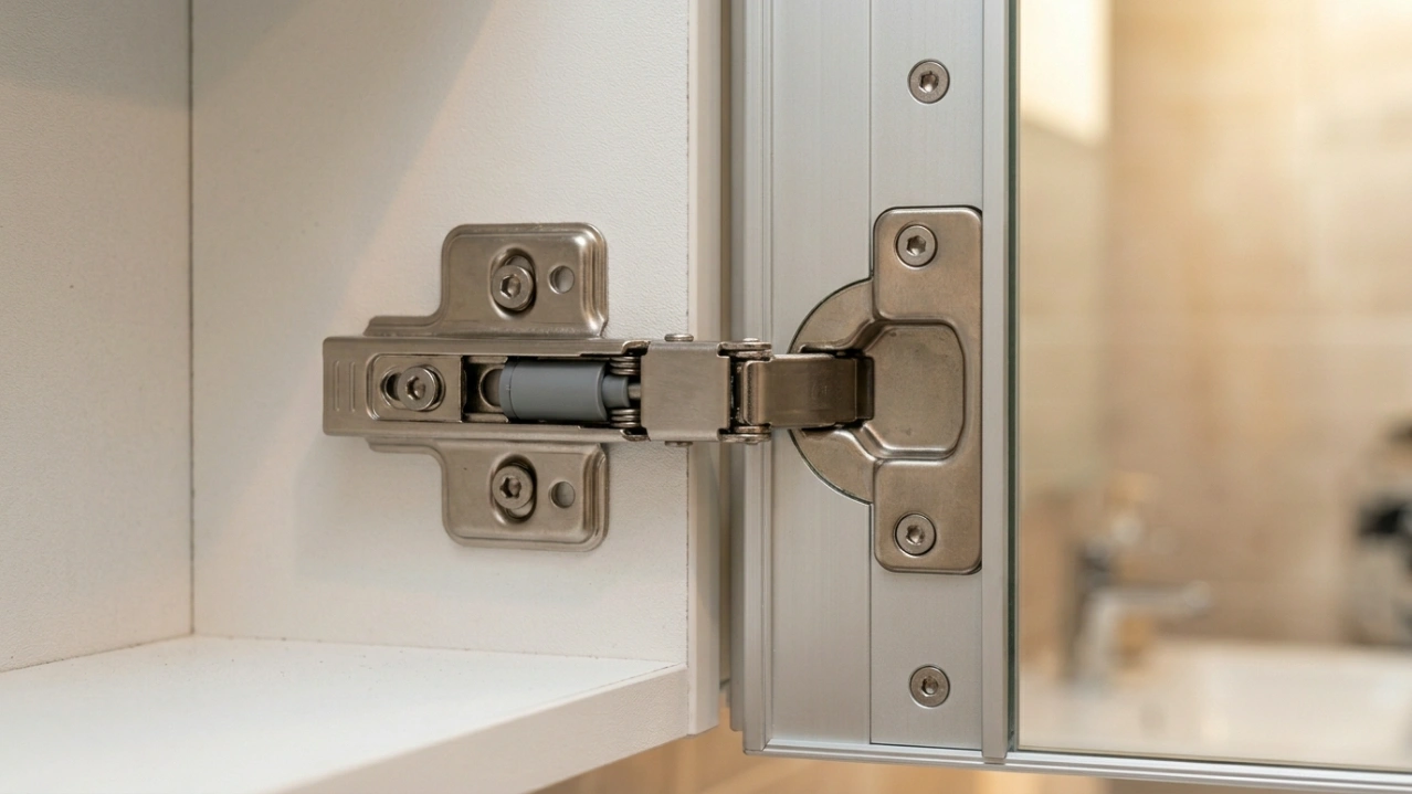 Full-overlay soft-close aluminium hinge at 170 degrees showing multi-link mechanism on installed mirror cabinet in UAE bathroom