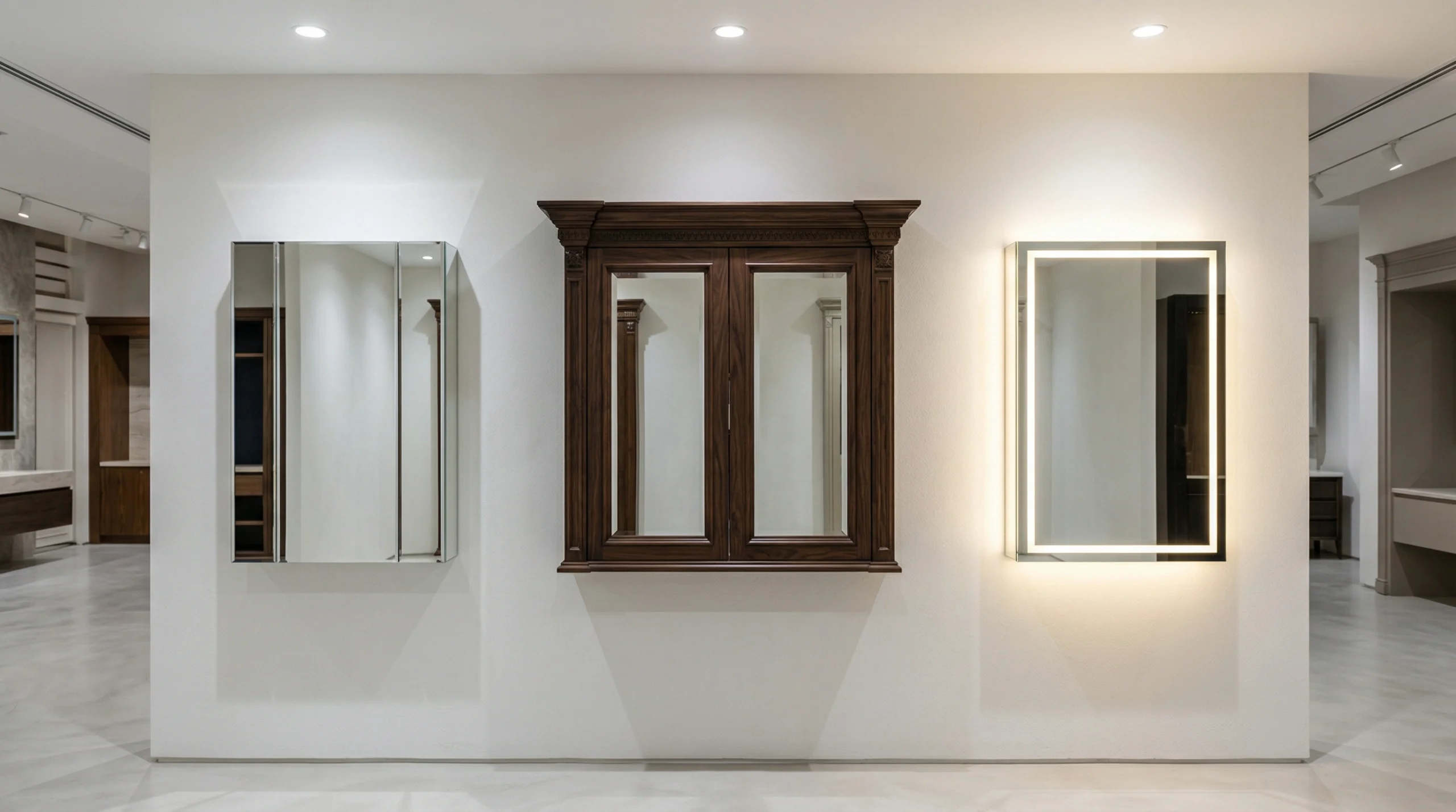 Three mirror cabinet styles displayed side by side in UAE showroom showing frameless, traditional timber-framed, and LED-illuminated options