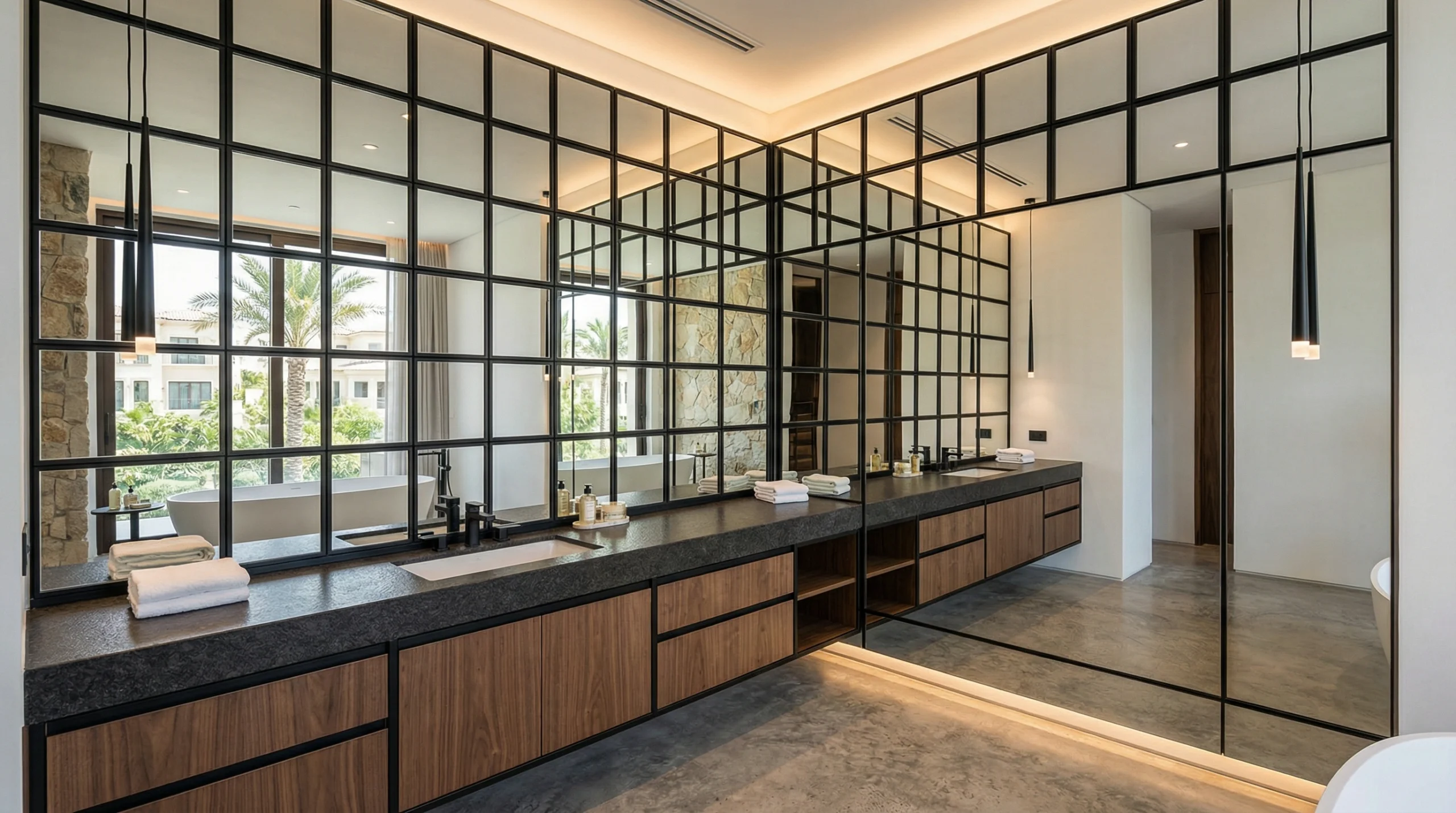 Underside of wall-mounted mirror cabinet with recessed LED downlight strip illuminating quartz vanity countertop in UAE villa bathroom