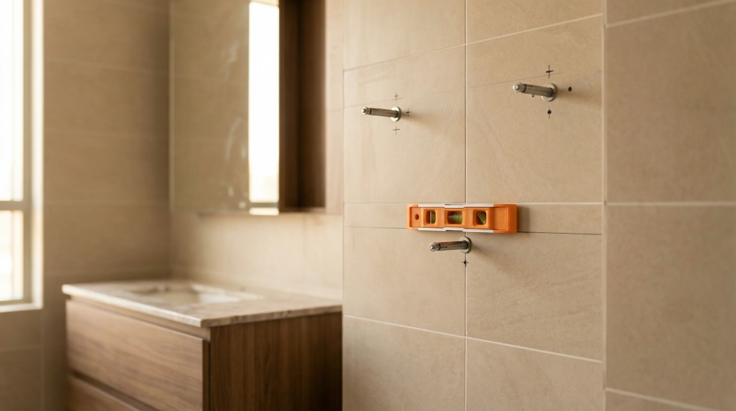 Mirror cabinet wall preparation showing stainless anchor bolts at precise positions on UAE apartment bathroom tiled wall before installation